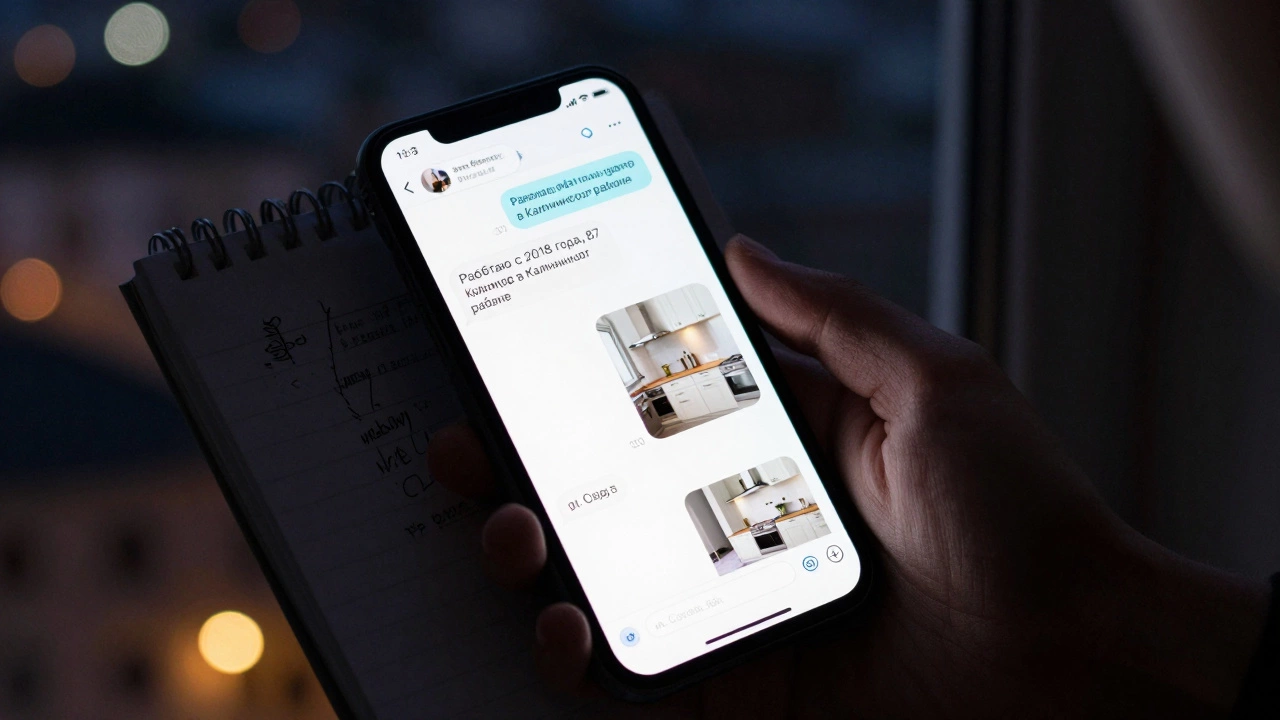 Смартфон с чатом в Telegram, где мастер указывает конкретные адреса выполненных ремонтов в Калининском районе.