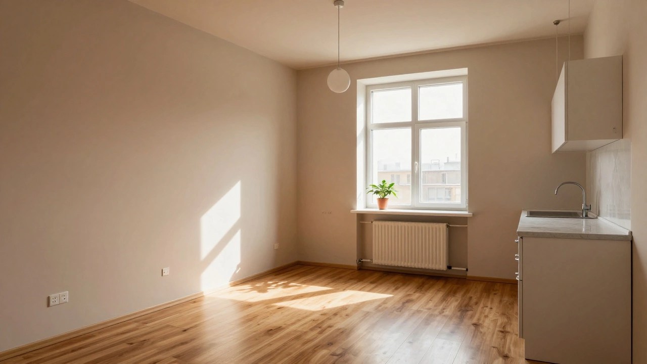 Современная квартира в Санкт-Петербурге с ламинатом, матовыми стенами и большими окнами, тёплый свет и минимализм.