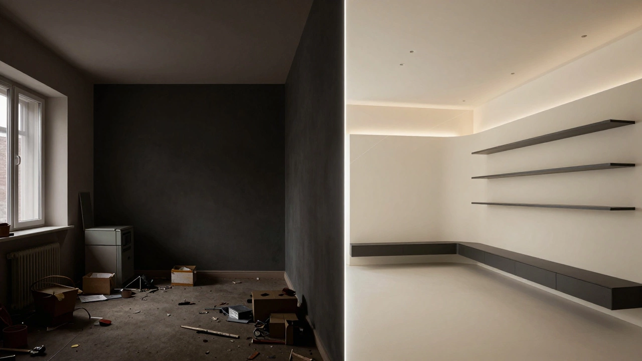 Сравнение старой и новой планировки квартиры: слева — тёмная и тесная, справа — светлая и современная.