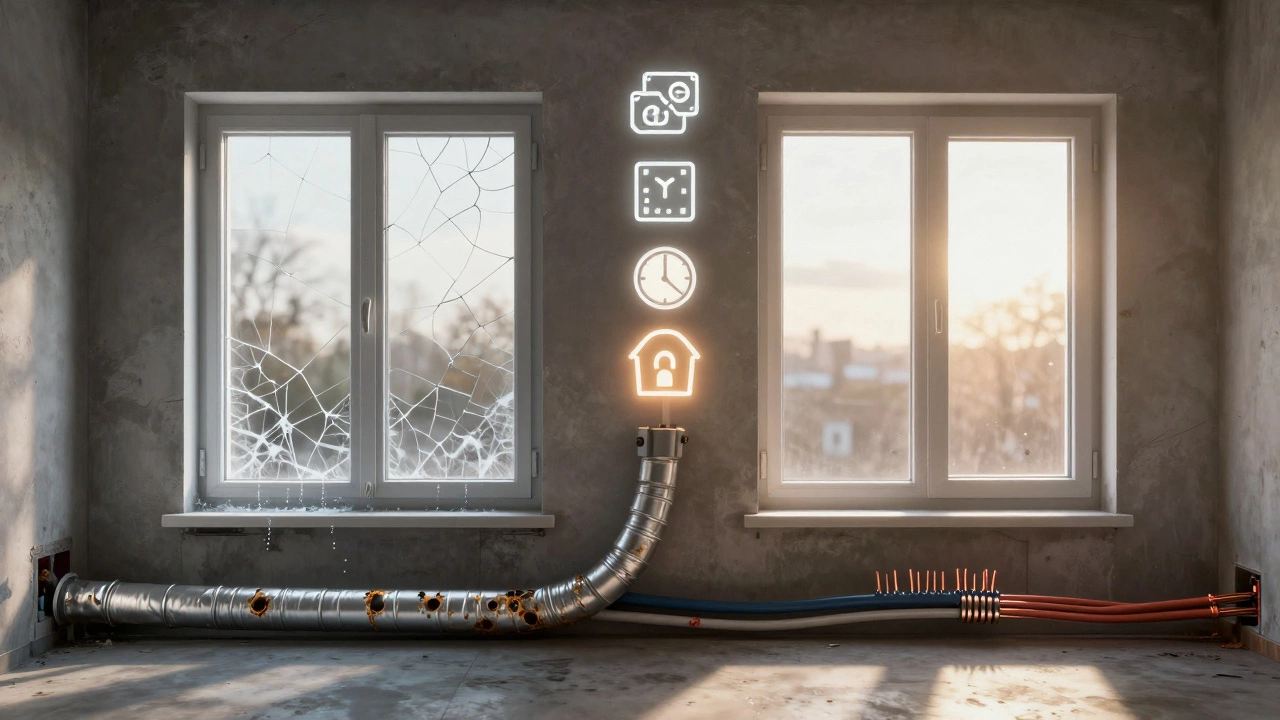 Старое окно и проводка слева, новые — справа, с символами тепла, денег и безопасности в воздухе.