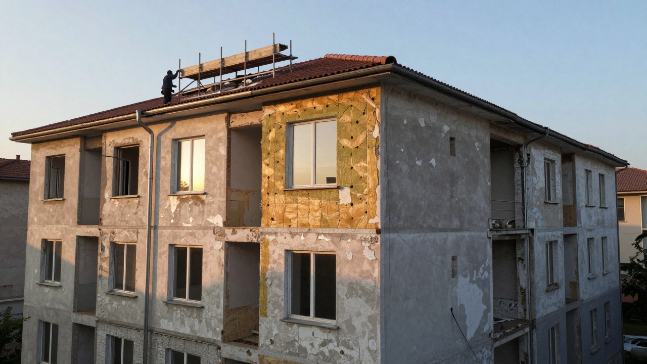 Старый дом с одной отремонтированной квартирой: новые окна, утепленные стены и замененная кровля на фоне соседних разрушающихся зданий.