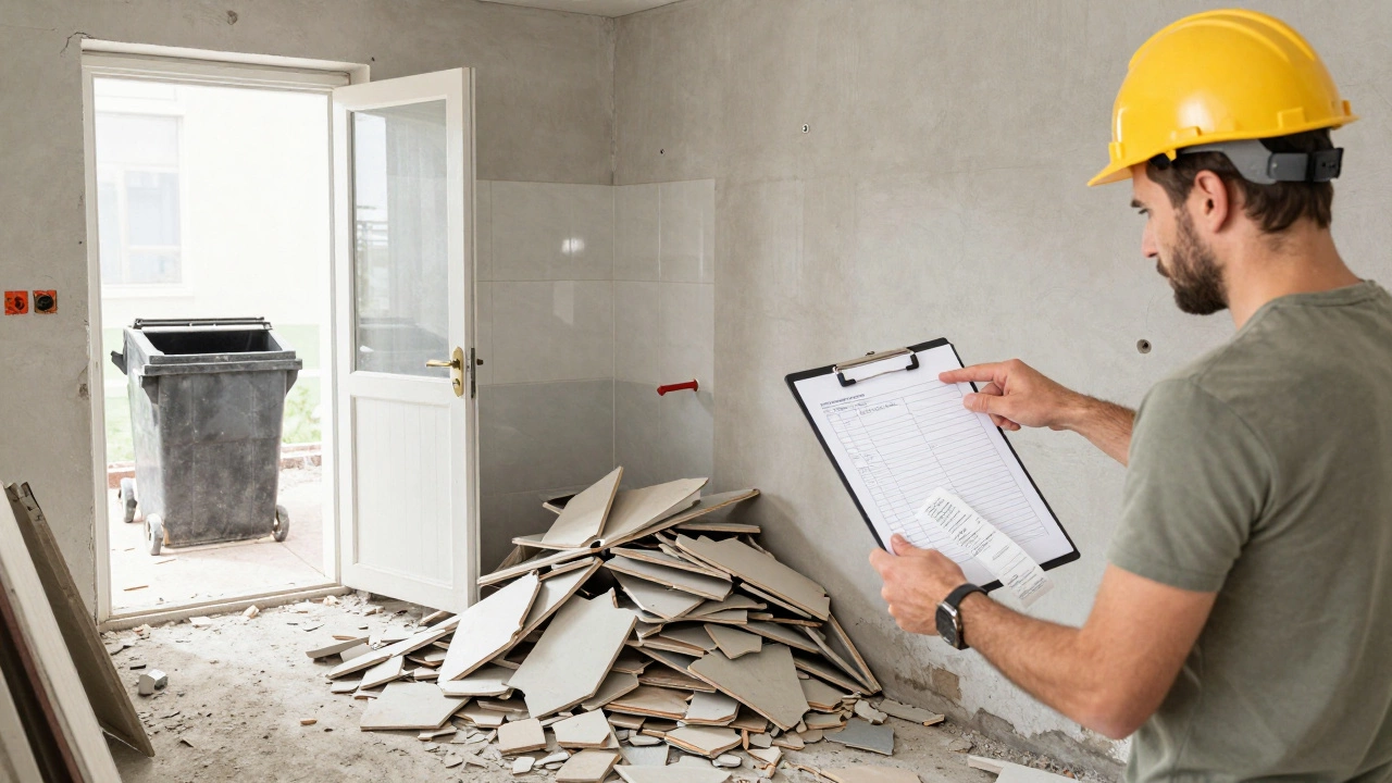 Строительный мусор у двери квартиры, рабочий показывает смету, хозяин держит чек на вывоз отходов.