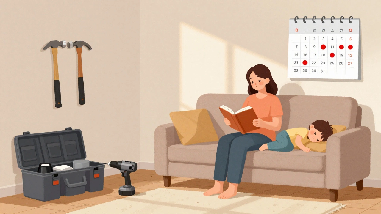 Тихий обеденный перерыв в квартире: дети спят, инструменты убраны, солнечный свет.