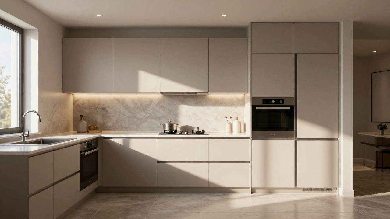 3D-визуализация современной кухни с правильно расставленной мебелью и освещением.