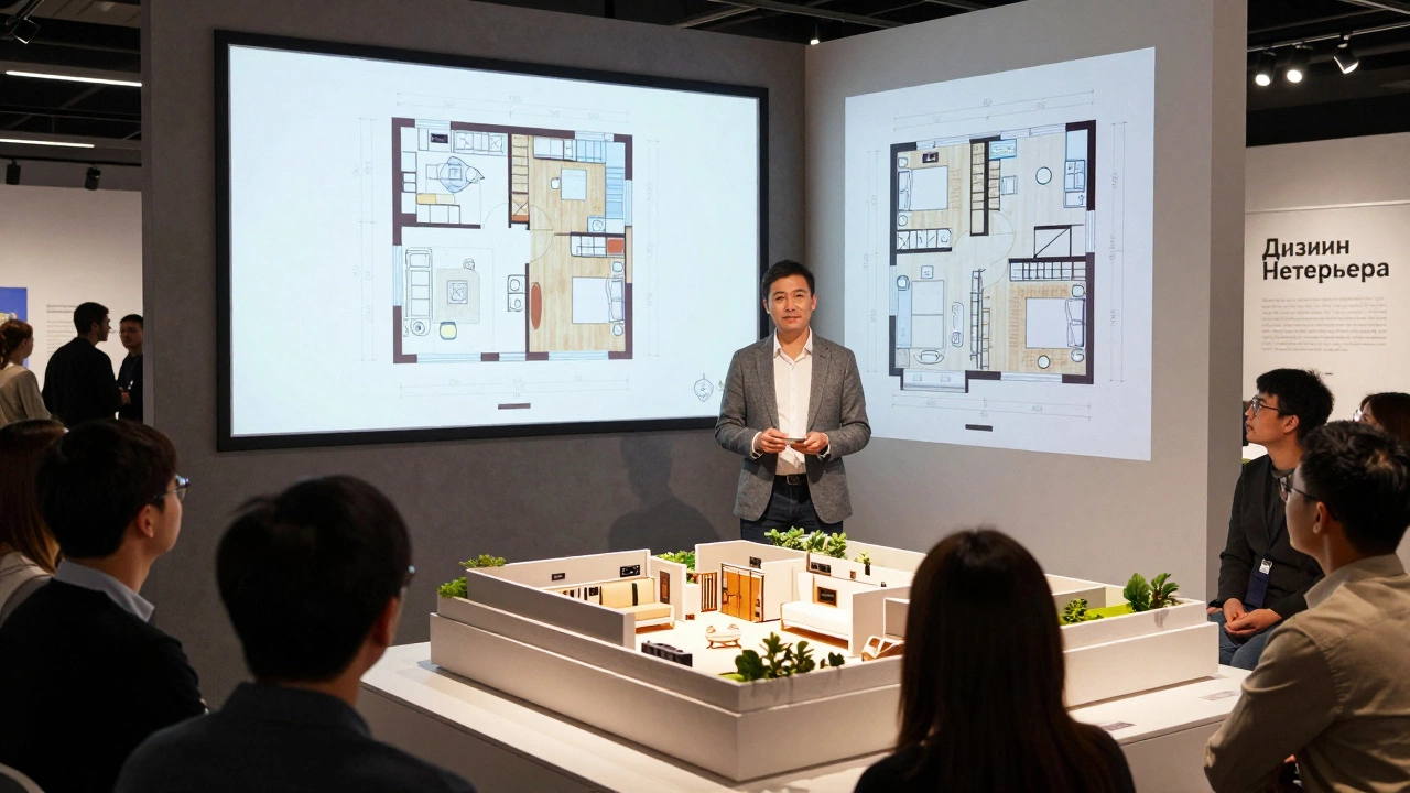 Интерьерный дизайнер на выставке демонстрирует технический проект ремонта аудитории, показывая схемы электрики и вентиляции.