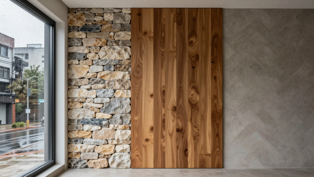 Комбинация камня, дерева и керамической плитки на трех стенах современной комнаты с естественным освещением.