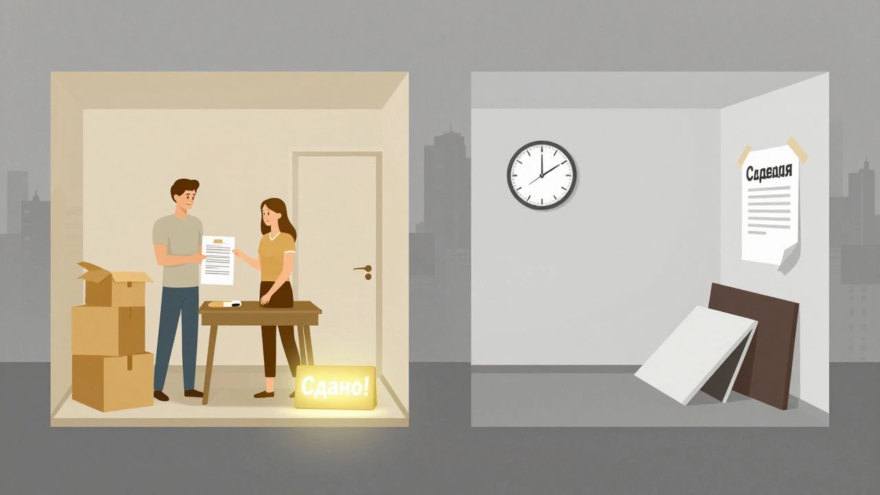 Контраст: заселённая меблированная квартира слева и пустая, несданная — справа, символизируя выбор арендодателя.