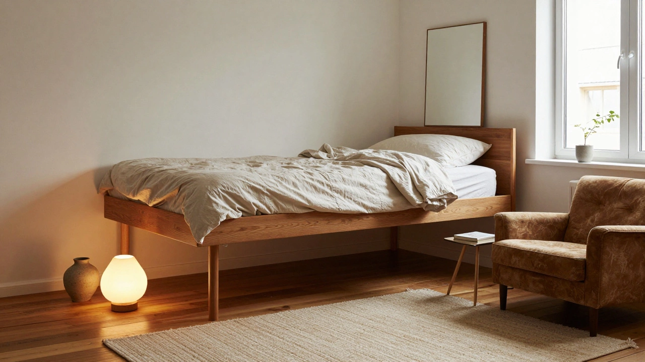 Маленькая студия с подъёмной кроватью, под которой — рабочий стол, тёплые материалы и личные вещи создают уют.