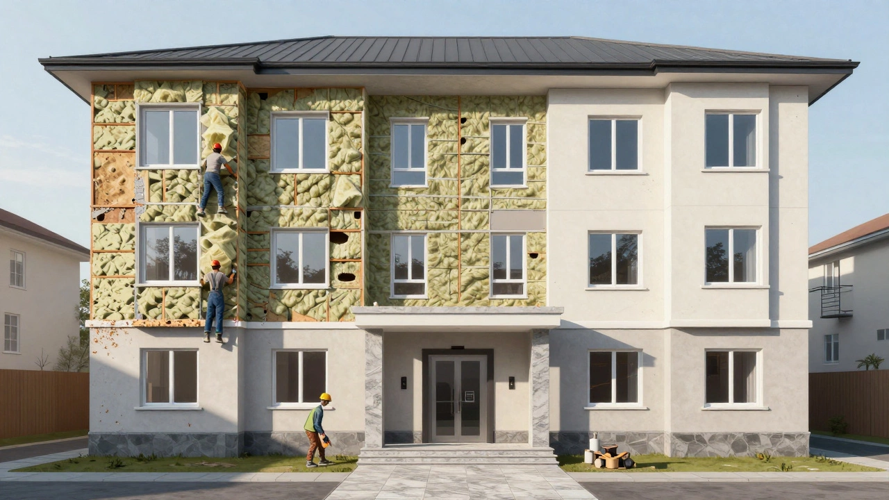 Многоквартирный дом с обновлённым фасадом, новыми окнами, отремонтированной крышей и обновлённым подъездом под утренним светом.
