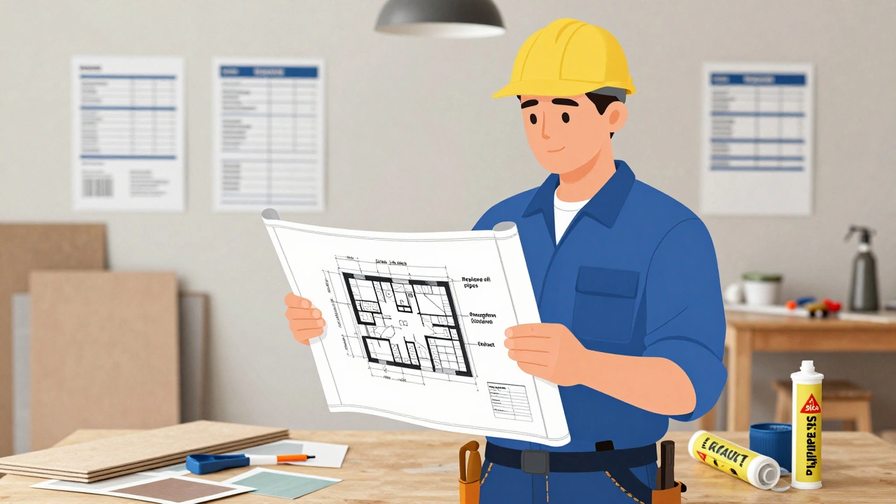 Подрядчик изучает список задач и образцы материалов перед началом ремонта.