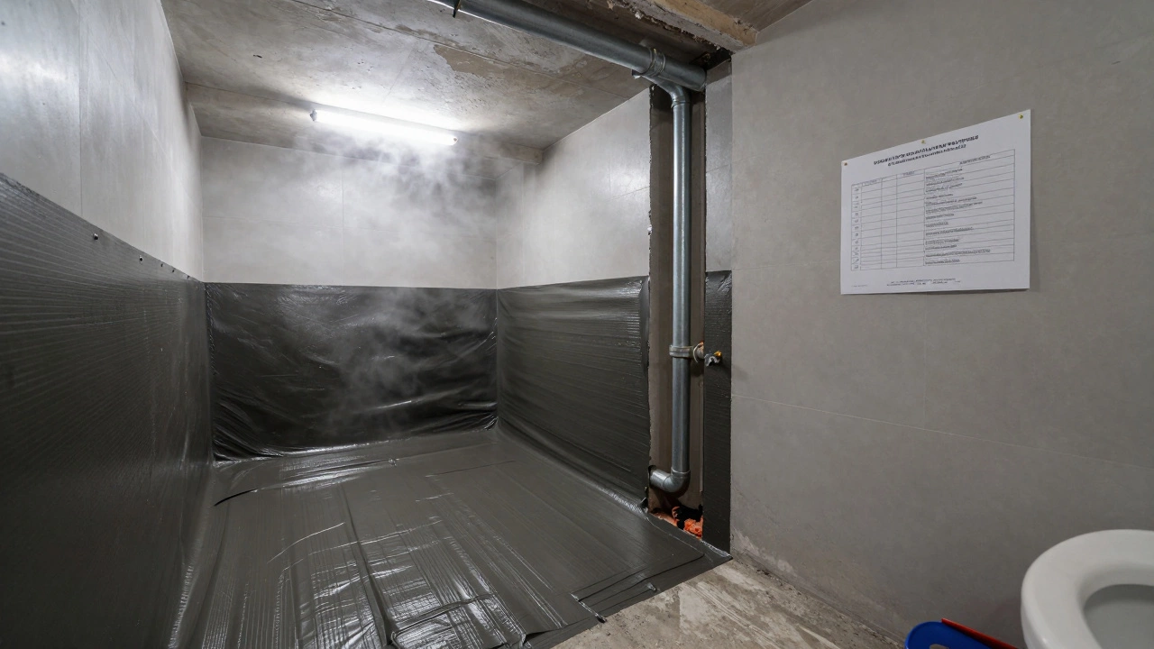 Работники наносят гидроизоляцию на бетонный пол в ванной комнате перед укладкой плитки.