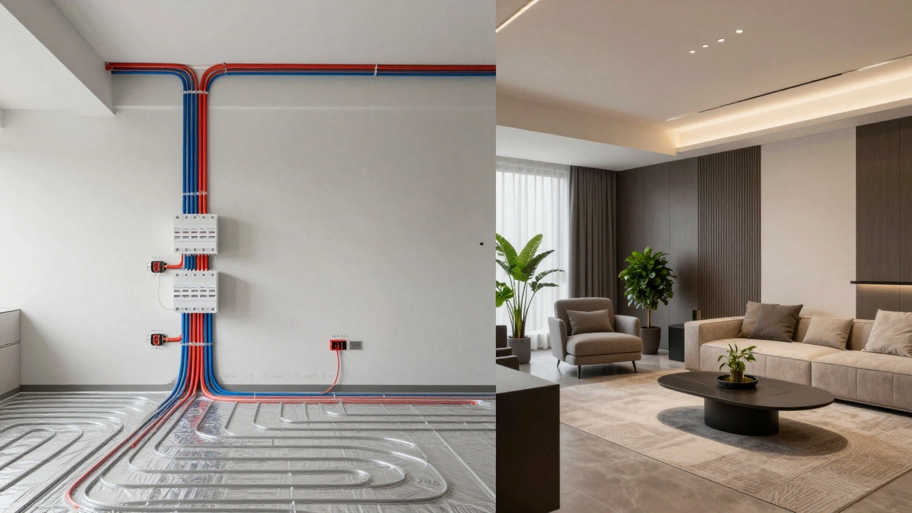 Разделённая композиция: скрытые инженерные системы слева и современный интерьер справа, символизирующие безопасность и комфорт после капитального ремонта.