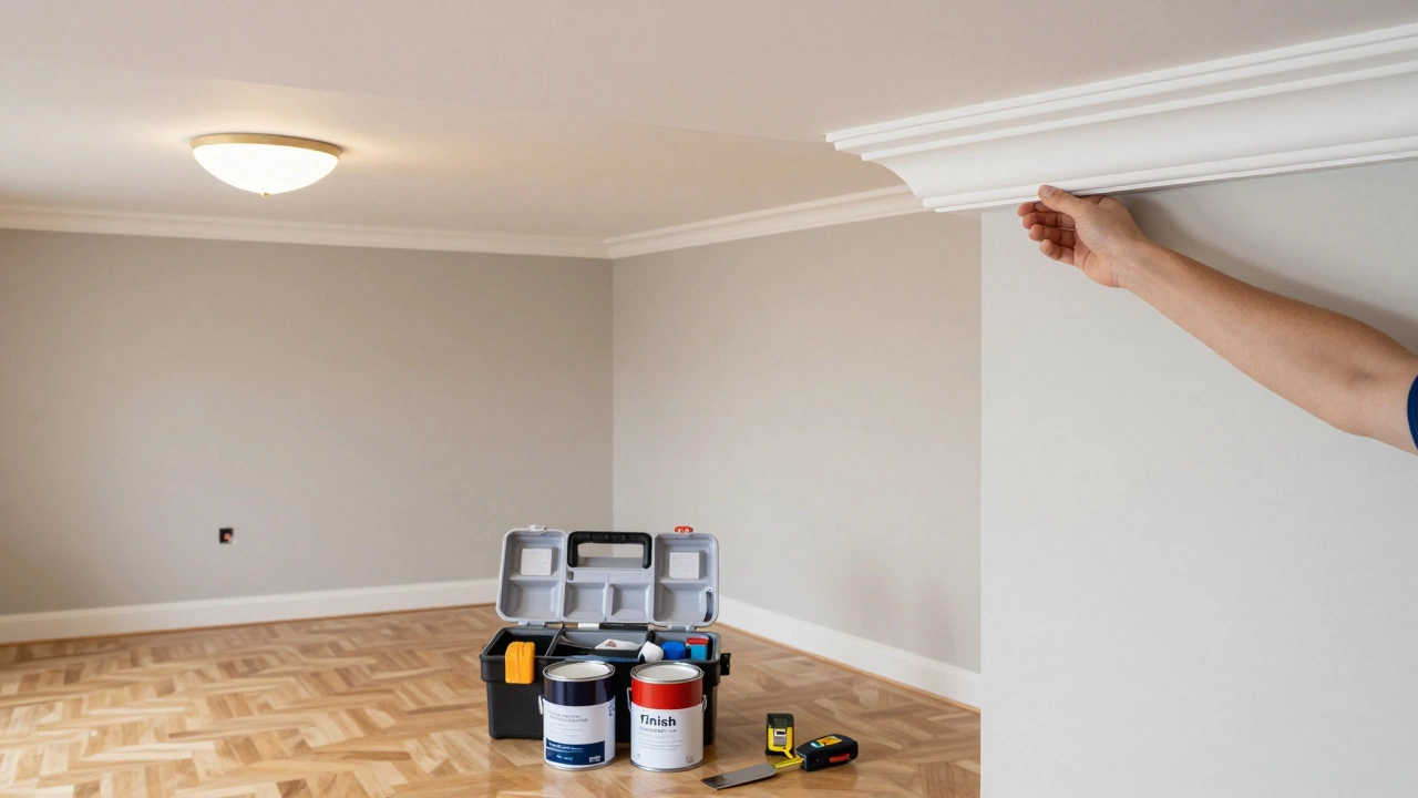 Рука устанавливает декоративный потолочный багет, рядом — инструменты и материалы для финишной отделки.