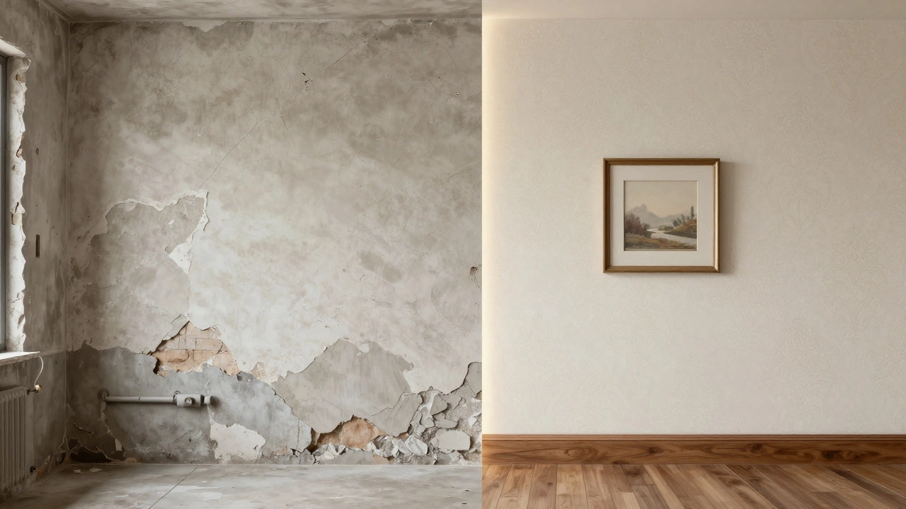 Сравнение черновой и отделочной поверхности стен: грубая штукатурка слева и гладкая окрашенная стена справа.