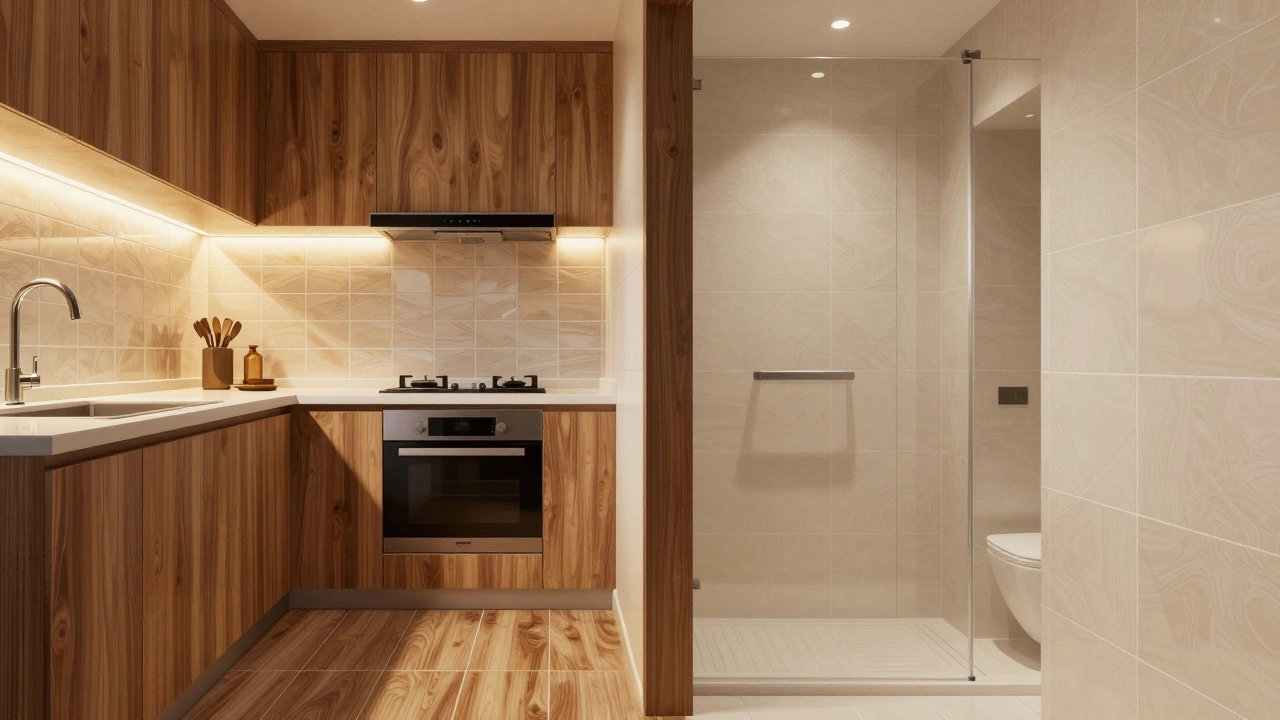 Сравнение кухонной и ванной зон: керамическая плитка под дерево и ПВХ-панели с акцентом на влагостойкость и дизайн.