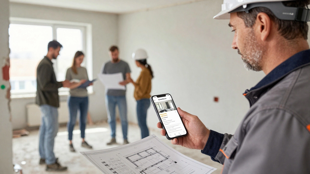 Строитель показывает клиенту проверенный профиль дизайнера на платформе Yandex.Услуги с отзывами и историей проектов.