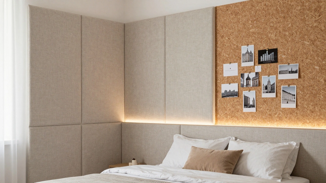 Текстильные и пробковые панели на стенах спальни с подсветкой, украшенные заметками и магнитами.