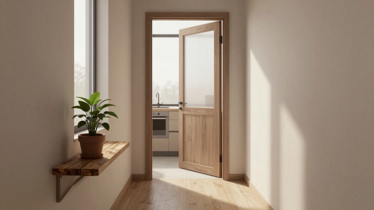 Узкий коридор с переставленной дверью, свет течёт свободно, без препятствий, тёплые тона и минимализм.