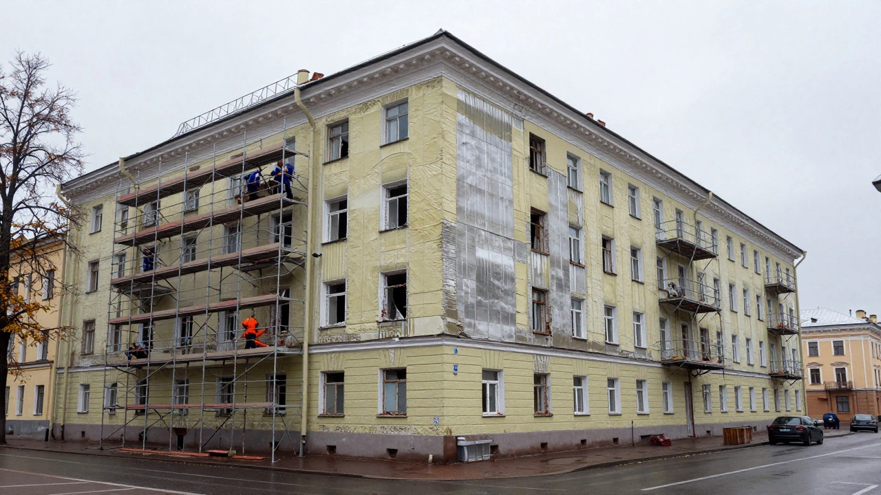 Здание в Санкт-Петербурге с установленной внешней теплоизоляцией и строительными лесами.