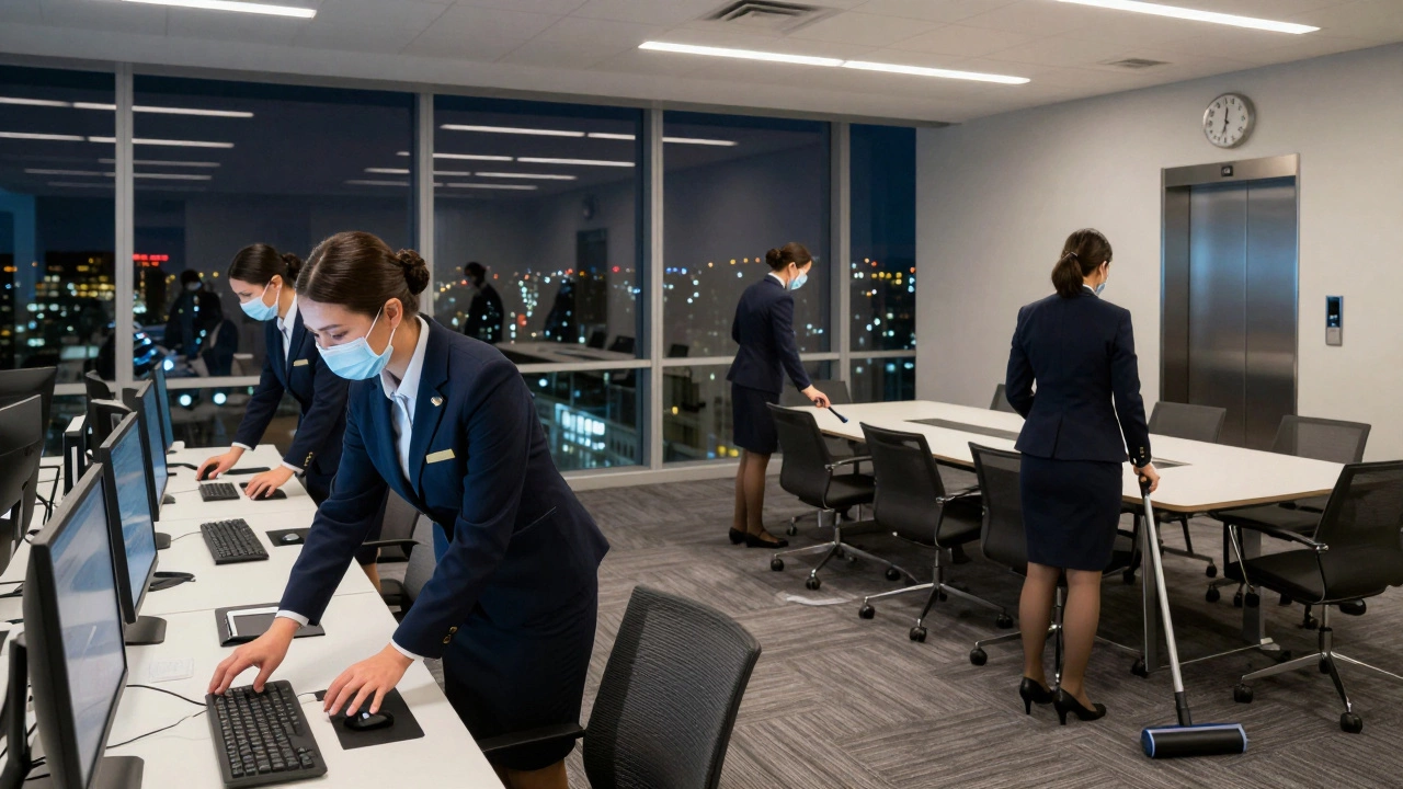 Команда уборщиков убирает офис после рабочего дня, протирая мониторы и ковры при свете городских огней.