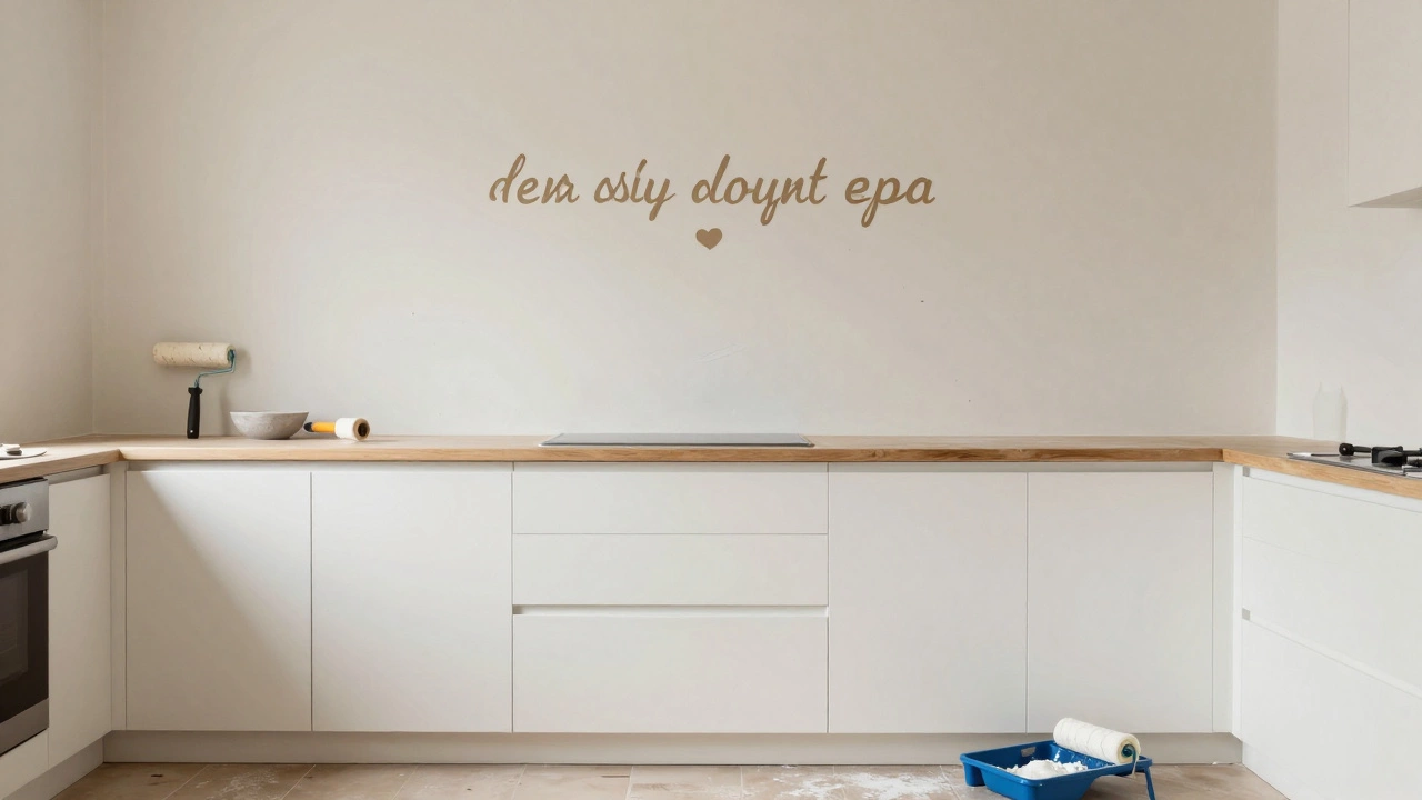 Кухня с рукотворными стенами из штукатурки и одной настенной наклейкой, видны инструменты для покраски.