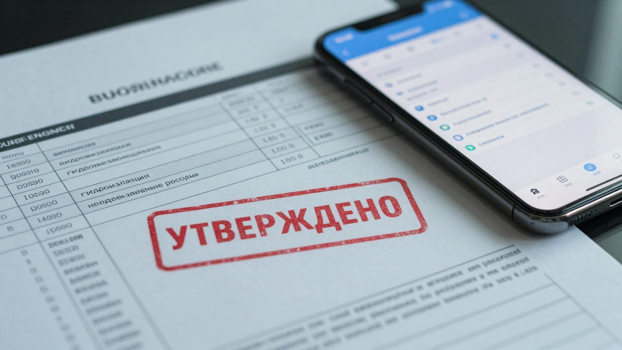 Подписанная смета с красной печатью и выделенными статьями расходов на столе.