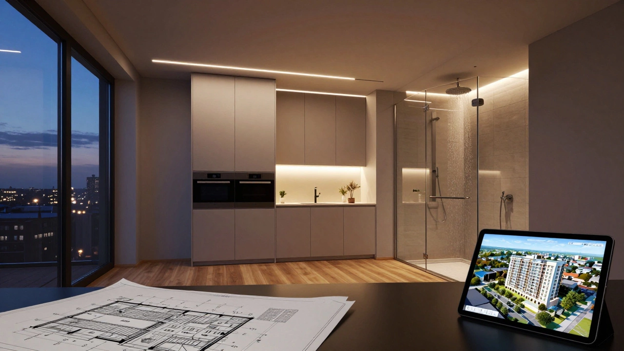 Премиум-ремонт квартиры: скрытая подсветка, деревянный пол, стеклянная душевая кабина и дизайн-план на столе.