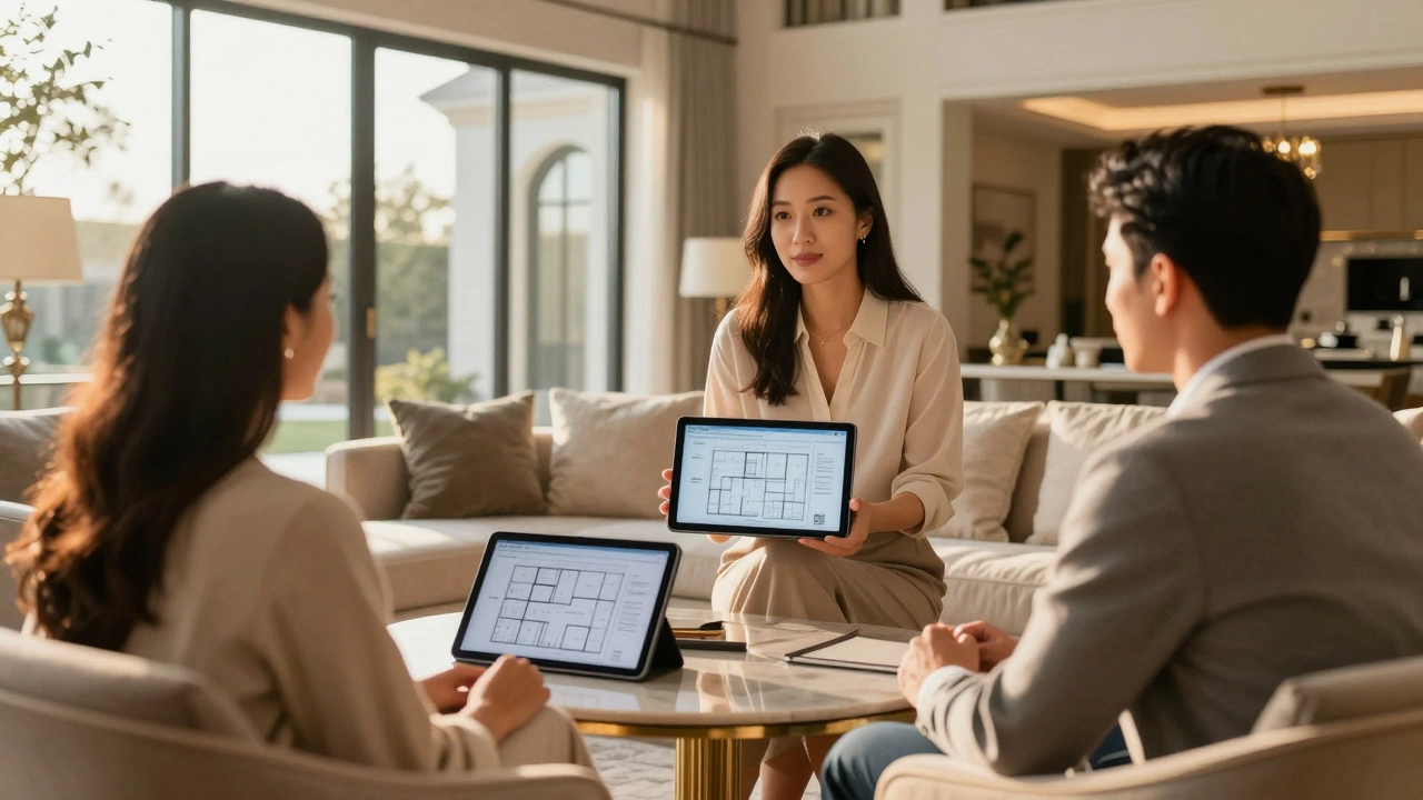 Профессиональная консультация дизайнера с клиентами в интерьере