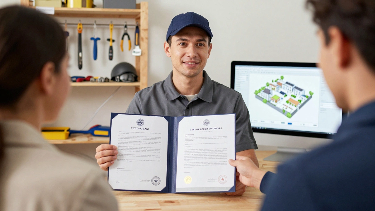 Профессиональный строитель представляет договор, смету и страховку клиенту в офисе.