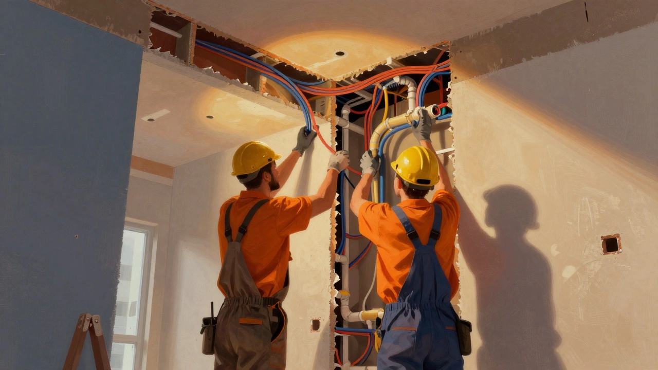 Рабочие монтируют скрытые инженерные системы в квартире
