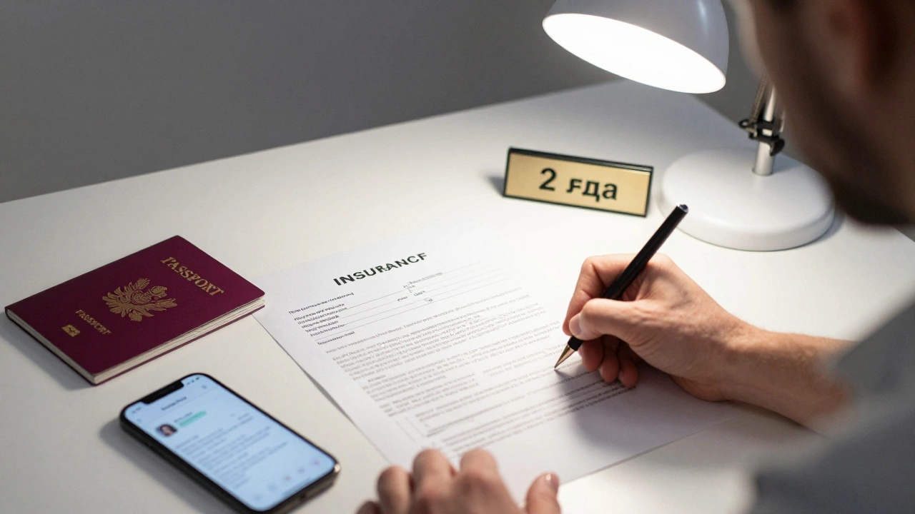 Рука подписывает договор с гарантией, рядом — паспорт, страховка и подтверждение от довольного клиента.