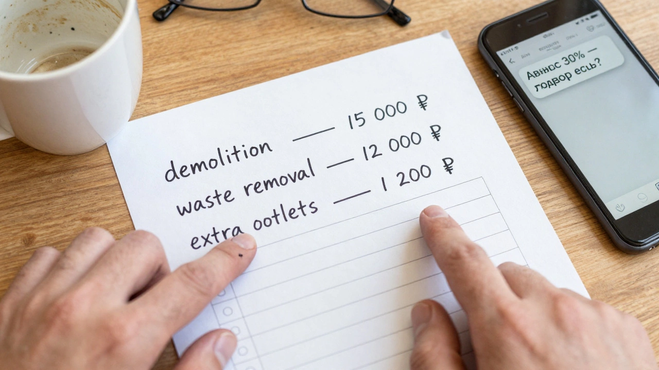 Рукописная смета ремонта с выделенными скрытыми расходами и сообщением о авансе.