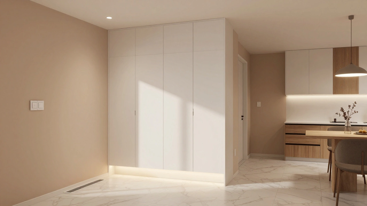 Современная однокомнатная квартира с встроенными шкафами, подогревом пола и мягким светом от умных выключателей.
