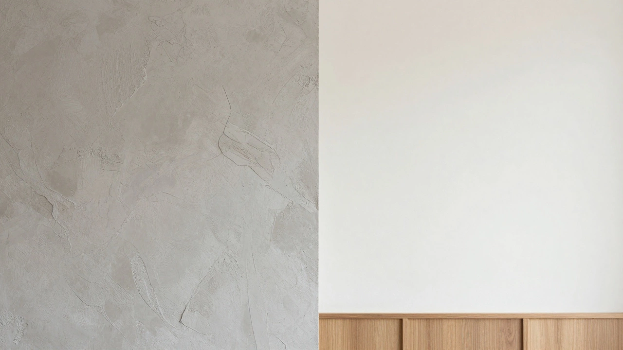 Сравнение текстурированной штукатурки, покраски и ПВХ-панелей на одной стене в бюджетном ремонте.