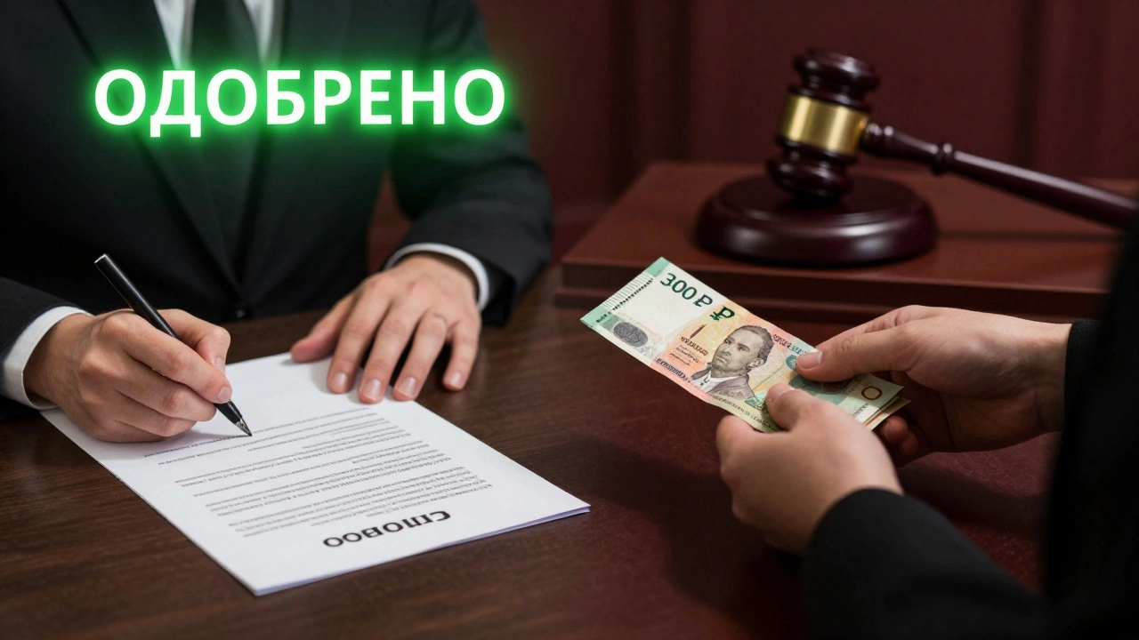 Сравнение: уверенный подписывающий и теневой счет с судебным молотком на фоне.