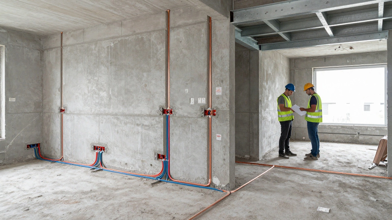 Строители укладывают новые трубы и провода на голых бетонных стенах