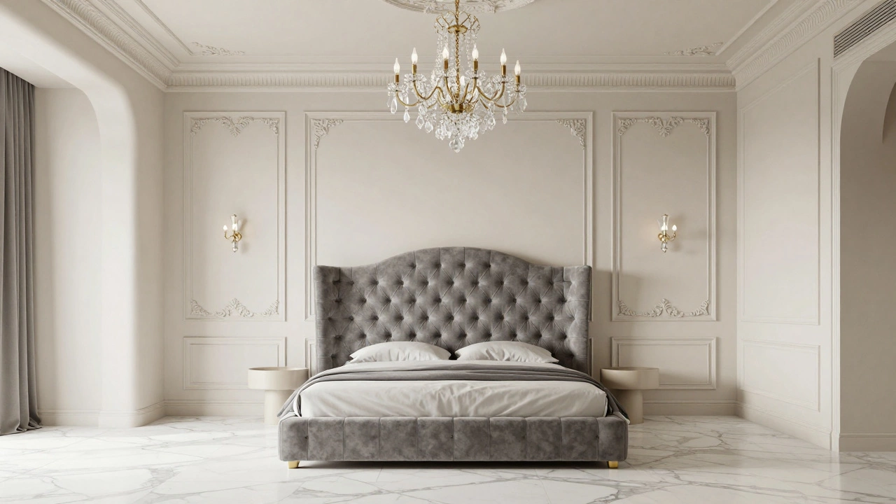 Элегантная спальня в стиле неоклассика с молдингами и мраморным полом