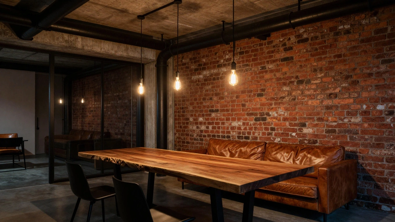 Индустриальный интерьер лофта с кирпичной стеной и кожаным диваном