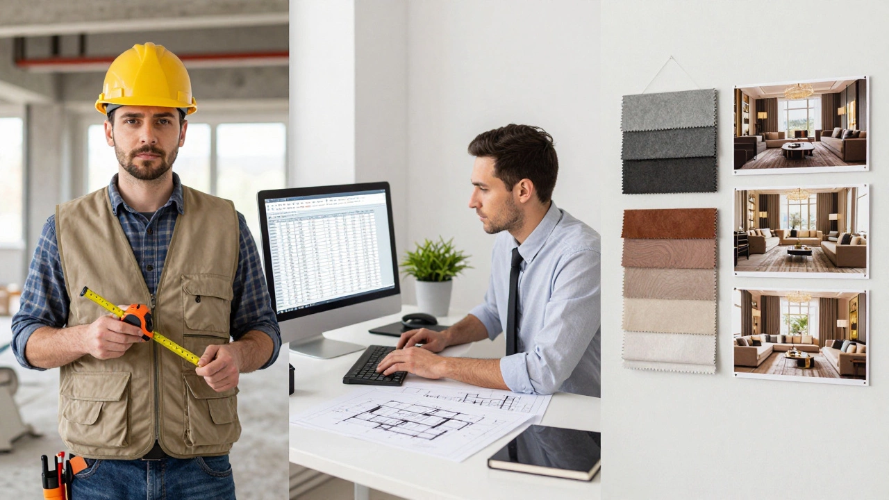 Коллаж: прораб на стройке, сметчик за компьютером и дизайнер с образцами материалов