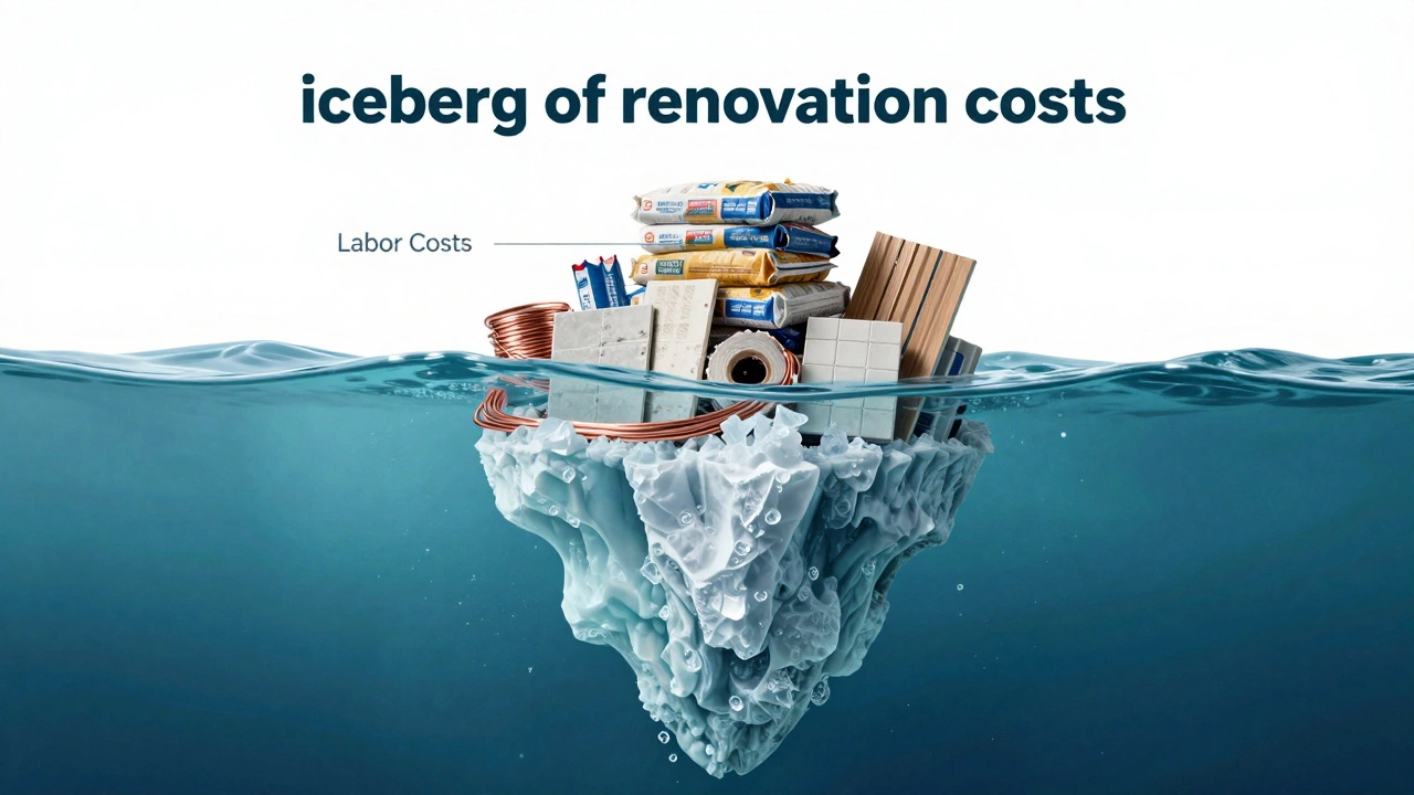 Концептуальный образ айсберга, символизирующий скрытые расходы на ремонт