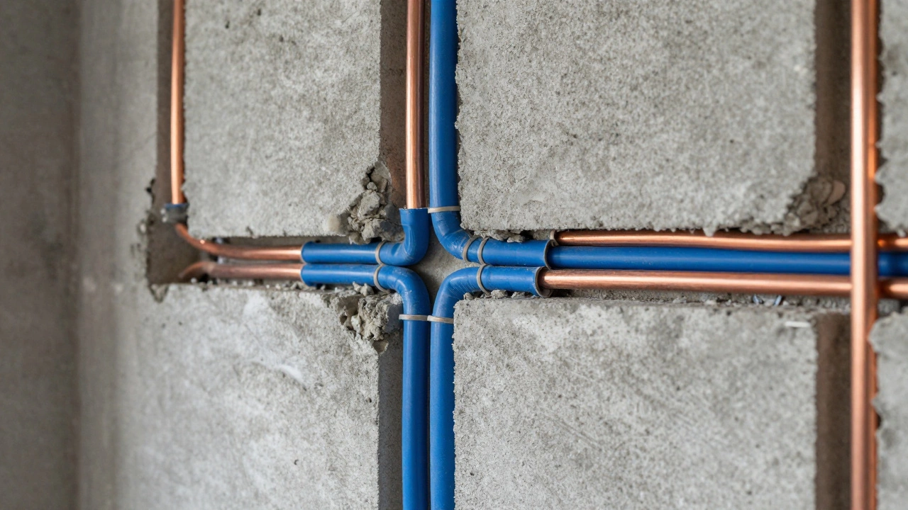 Новая электропроводка и трубы водоснабжения в стене из бетона на этапе чернового ремонта