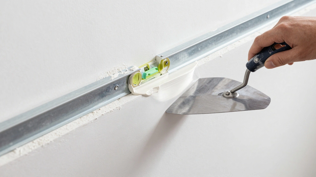 Процесс выравнивания стены штукатуркой по металлическим маякам