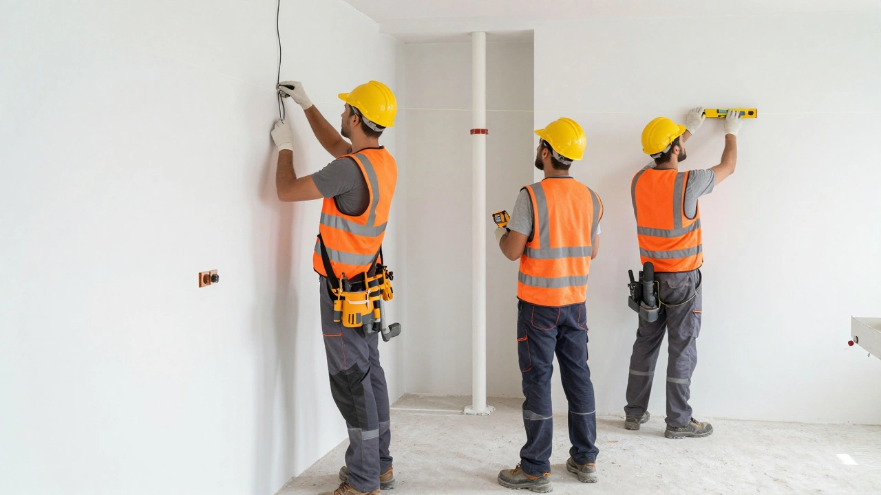Профессиональная бригада строителей за работой в квартире