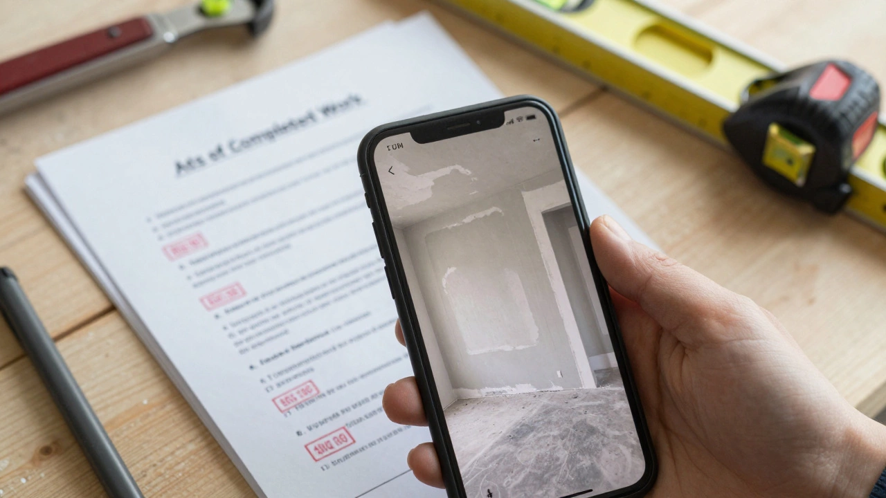 Документы о выполненных работах и фотоотчет на рабочем столе прораба